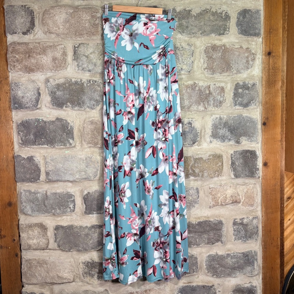 Heimish USA Teal Floral Strapless Maxi Dress Ruched Tube Womens Medium Vacation